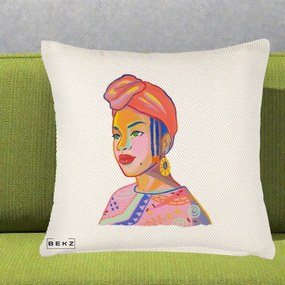 Perna Decorativa Portret Femeie Africana, 40x40 cm, Crem Reliefat, Husa Detasabila, Perna Inclusa, BEKZ®
