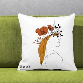 Perna Decorativa Portret Feminin Maci Rosii Auriu, 40x40 cm, Alba Mata, Husa Detasabila, Perna Inclusa, BEKZ®