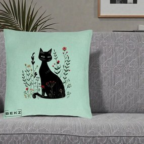 Perna Decorativa Pisica Neagra Botanica Rosu-Gri, 40x40 cm, Verde Menta, Husa Detasabila, Perna Inclusa, BEKZ®
