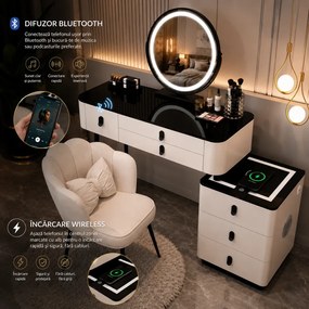 Set Margot Long, Masă de toaletă pentru machiaj cu oglindă iluminată LED, control touch, 6 sertare, comoda, scaun, Difuzor Bluetooth, zona încărcare fără fir, Alb, 100x40x75 cm
