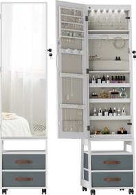 HOMCOM Oglindă Dulap pentru Bijuterii cu LED Interior Roți Pivotant 360° Rafturi Deschise Sertare din Material Textil Alb | Aosom Romania