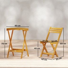 Outsunny Set bistro pliant 3 piese din lemn de acacia cu masă rotundă și 2 scaune, fără asamblare, 60x60x75cm, Natural | Aosom Romania