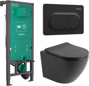 Set rezervor WC cu cadru incastrat Hansgrohe iFrame 112 cm si clapeta de actionare iFrame Original S negru mat plus vas WC Rune Ivaldi cu capac softclose