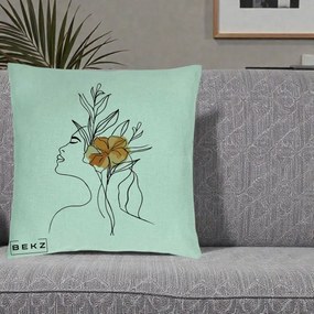 Perna Decorativa Portret Feminin Floare Portocalie Lateral, 40x40 cm, Verde Menta, Husa Detasabila, Perna Inclusa, BEKZ®