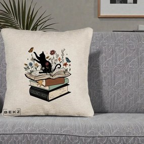 Perna Personalizata Pisica Neagra Carti Flori Fluturi, 40x40 cm, Bej Canapea, Husa Detasabila, Perna Inclusa, BEKZ®