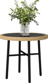 Outsunny Masă de Cafea Rotundă de Grădină, Masă Auxiliară Exterioară din Rășină Împletită și Blat din Sticlă Securizată, 46x46x43cm, Natural | Aosom Romania