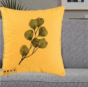 Perna Decorativa Ramura Eucalipt Acuarela, 40x40 cm, Galben, Husa Detasabila, Perna Inclusa, BEKZ®