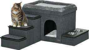 PawHut Casă pentru pisici, cușcă pentru pisici, grotă pentru pisici, 3 trepte pentru animale, 2 boluri de hrănire, 70 x 50 x 51 cm, Gri | Aosom Romania