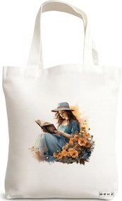 Sacosa de Panza pentru Cumparaturi, Geanta Tote, model The bookie girl 16 38 x 34.5 cm, Alba, BEKZ®