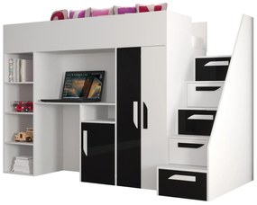 Pat pentru copii combinat 90 cm Puro 14 (alb mat + alb lucios + negru lucios). 1087087