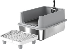 PawHut Tavă XL pentru litieră din oțel inoxidabil, Pereți laterali înalți, Pedală și covoraș filtrant, Lopată, 60,2x40,2x29,6cm, Gri | Aosom Romania