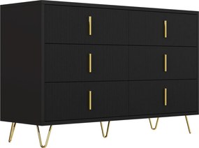 Bufet cu 6 sertare, mânere și picioare aurii, textură ondulată, 120x40x77 cm, Negru+Aurii