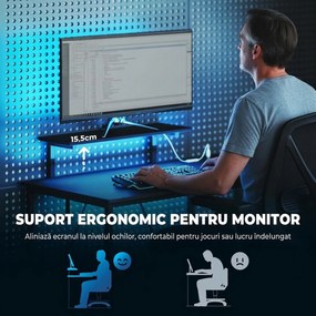 HOMCOM Birou Gaming Reversibil în L cu LED, 114,5x82 cm Birou Colțar cu Prize Electrice, Suport pentru Monitor și Rafturi Reglabile din Rețea, Stație Gaming pentru Acasă, Birou sau Studiu, Negru | Aosom Romania