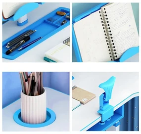 Birou copii din MDF cu lampa inclusa Novokids Premium desk, Dimensiuni 80X50X70, Cadru metalic, Albastru cu Alb
