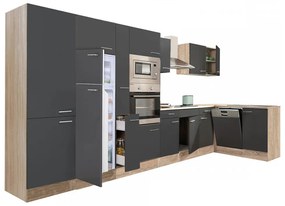 Dulap de bucătărie de colț Yorki 430, corp din stejar sonoma, față antracit satinat, frigider cu congelator superior