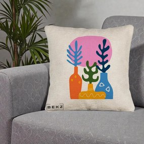 Perna Decorativa Vaze Botanice Abstract, 40x40 cm, Bej Canapea, Husa Detasabila, Perna Inclusa, BEKZ®