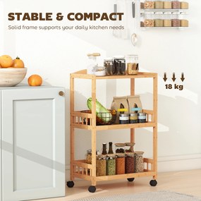 HOMCOM Cărucior de bucătărie cu 3 nivele, căruț de servire cu spațiu de depozitare, raft de bucătărie pe roți, pentru bucătărie baie birou lemn natural | Aosom Romania