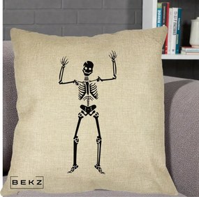 Perna Decorativa Halloween Schelet Dansator, 40x40 cm, Crem, Husa Detasabila, Perna Inclusa, BEKZ®
