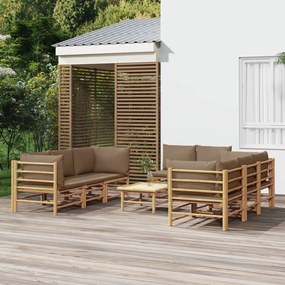 Set mobilier de gradina cu perne gri taupe, 9 piese, bambus
