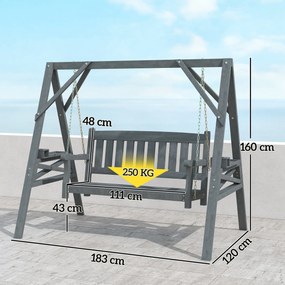 Outsunny Leagăn de grădină pentru 2 persoane, bancă-leagăn din lemn cu polițe, suport pentru băuturi și lanțuri metalice, Gri | Aosom Romania