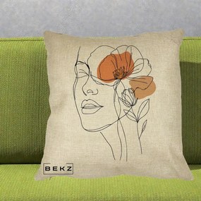 Perna Decorativa Portret Feminin Mac Profilat, 40x40 cm, Crem, Husa Detasabila, Perna Inclusa, BEKZ®