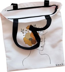 Sacosa de Panza pentru Cumparaturi, Geanta Tote, Flower Lady 16, Cu fermoar, 38x34.5 cm, Alba, BEKZ®