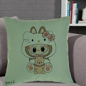 Perna Personalizata Labubu x Hello Kitty, 40x40 cm, Verde, Husa Detasabila, Perna Inclusa, BEKZ®