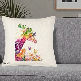 Perna Decorativa Girafa Curcubeu Acuarela, 40x40 cm, Crem Reliefat, Husa Detasabila, Perna Inclusa, BEKZ®