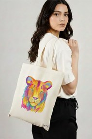 Sacosa de Panza pentru Cumparaturi, Geanta Tote, model Watercolor Lion, 38x34.5 cm, Alba, BEKZ®