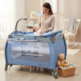 Patut Pliabil rotund cu balansoar, Tarc copii Baby Care™ PRO FRW, 2 Niveluri de inaltime, Cu melodii si Masa infasat, Carusel cu jucarii din plus,