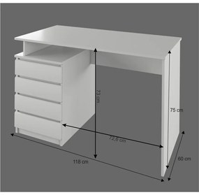 Birou cu 4 sertare, 118 cm lungime, alb, Bortis