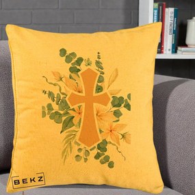 Perna Personalizata Cruce Florala Botez, 40x40 cm, Galben, Husa Detasabila, Perna Inclusa, BEKZ®