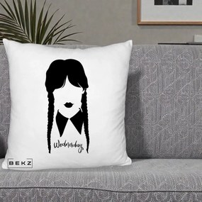Perna Personalizata Wednesday Addams Silueta Alb-Negru, 40x40 cm, Alb Pufos, Husa Detasabila, Perna Inclusa, BEKZ®