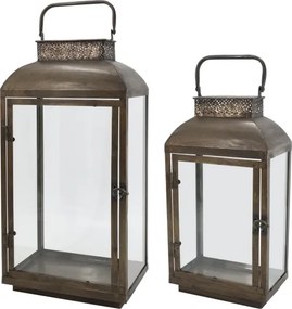 Set 2 felinare decorative vintage din alamă antichizată și sticlă, cu decor dantelat, 55x26x17,5 cm, „Forge"