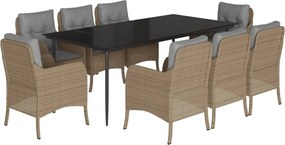 vidaXL Set de masă pentru grădină, 9 piese, cu perne, bej, poliratan