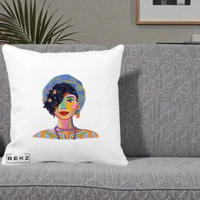 Perna Decorativa Portret Femeie Etnic Colorat, 40x40 cm, Alba Mata, Husa Detasabila, Perna Inclusa, BEKZ®
