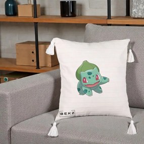 Perna Personalizata Bulbasaur Pokemon, 40x40 cm, Bej cu Franjuri, Husa Detasabila, Perna Inclusa, BEKZ®