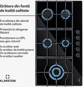 Klarstein Ignito Chef Edition, 5 zone, plită pe gaz, 5 arzătoare, arzătoare Sabaf, suprafață din sticlă ceramică