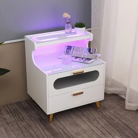 RESIGILAT- Noptieră inteligentă multifunctională, lumină LED RGB, încarcare wireless, 2 sertare, sticlă securizată, Alb