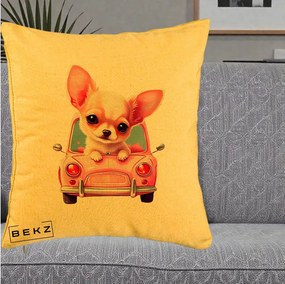 Perna Decorativa Chihuahua Roz in Masinuta, 40x40 cm, Galben, Husa Detasabila, Perna Inclusa, BEKZ®