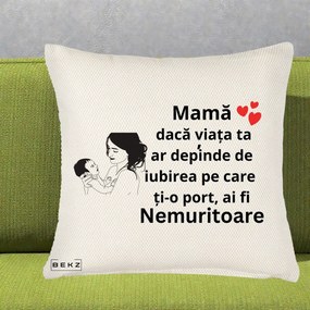 Cadou pentru Mama - Perna Personalizata Mama Nemuritoare Imbratisare Copil, 40x40 cm, Crem Reliefat, Husa Detasabila, Perna Inclusa, BEKZ®