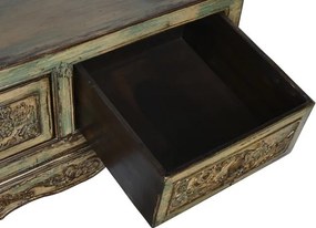Banchetă orientală sculptată din lemn de ulm, finisaj antichizat multicolor, 4 sertare, 179 x 43 x 58 cm, „Ming"