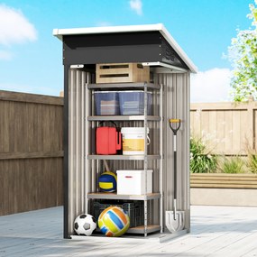 Outsunny Magazie de Grădină 0,74m² din Oțel Galvanizat cu Guri de Aerisire, Magazie cu Ușă Blocabilă, Acoperiș Înclinat, Mănuși, Depozitare Unelte, 107,5x91x185 cm, Gri Închis | Aosom Romania