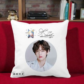 Perna Personalizata K-pop BTS V Taehyung Portret Cerc Autograf, 40x40 cm, Alba Mata, Husa Detasabila, Perna Inclusa, BEKZ®
