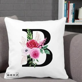 Cadou Personalizat - Perna Personalizata Monograma Florala Litera B, 40x40 cm, Alba Mata, Husa Detasabila, Perna Inclusa, BEKZ®