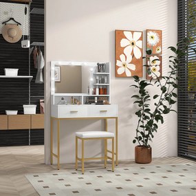 HOMCOM Masă de Machiaj cu Oglindă LED, Scaun și Rafturi, 80x40x138 cm, Alb | Aosom Romania