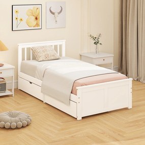 HOMCOM Cadru pat single, cadru din lemn, sertare pe roți, nu necesită somieră, 90 x 200 cm, Alb | Aosom Romania