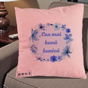 Cadou pentru Bunica - Perna Personalizata Cea Mai Buna Bunica Coronita Flori Albastre Acuarela, 40x40 cm, Roz, Husa Detasabila, Perna Inclusa, BEKZ®