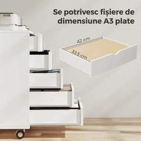 HOMCOM Dulap pentru birou cu 5 sertare pentru documente A3, pe roți și cu încuietoare, 50x40x67.5 cm, alb | Aosom Romania
