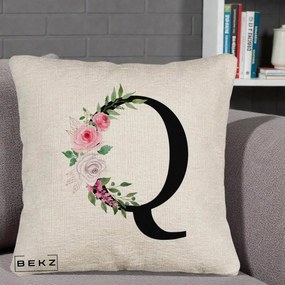 Cadou Personalizat - Perna Personalizata Monograma Florala Litera Q, 40x40 cm, Bej Canapea, Husa Detasabila, Perna Inclusa, BEKZ®